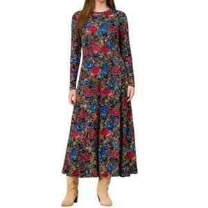 NWT OLIVIA by Livro Phoebe Jersey Knit Midi Dress Black Pink Blue Floral Size M